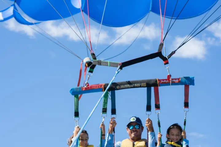 a group of people flying kites in the air