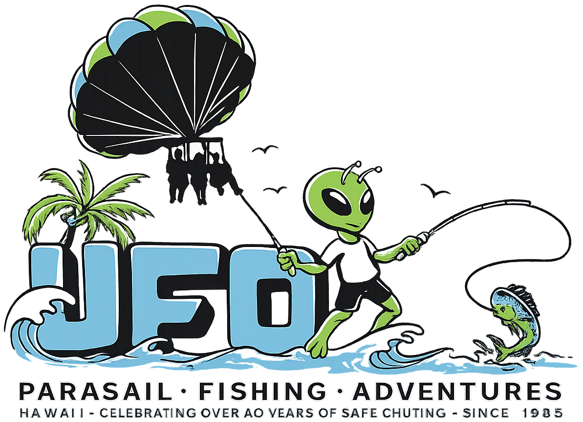 Cartoon alien parasailing and fishing, with 'UFO' text and adventure theme.
