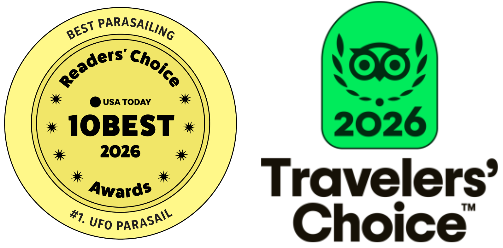 Award badges for Best Parasailing 2026 and Travelers' Choice 2026.