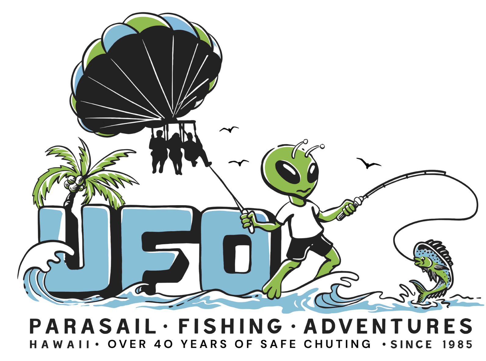 Cartoon alien fishing with parasailing in background, text: 'UFO Parasail Fishing Adventures, Hawaii'.